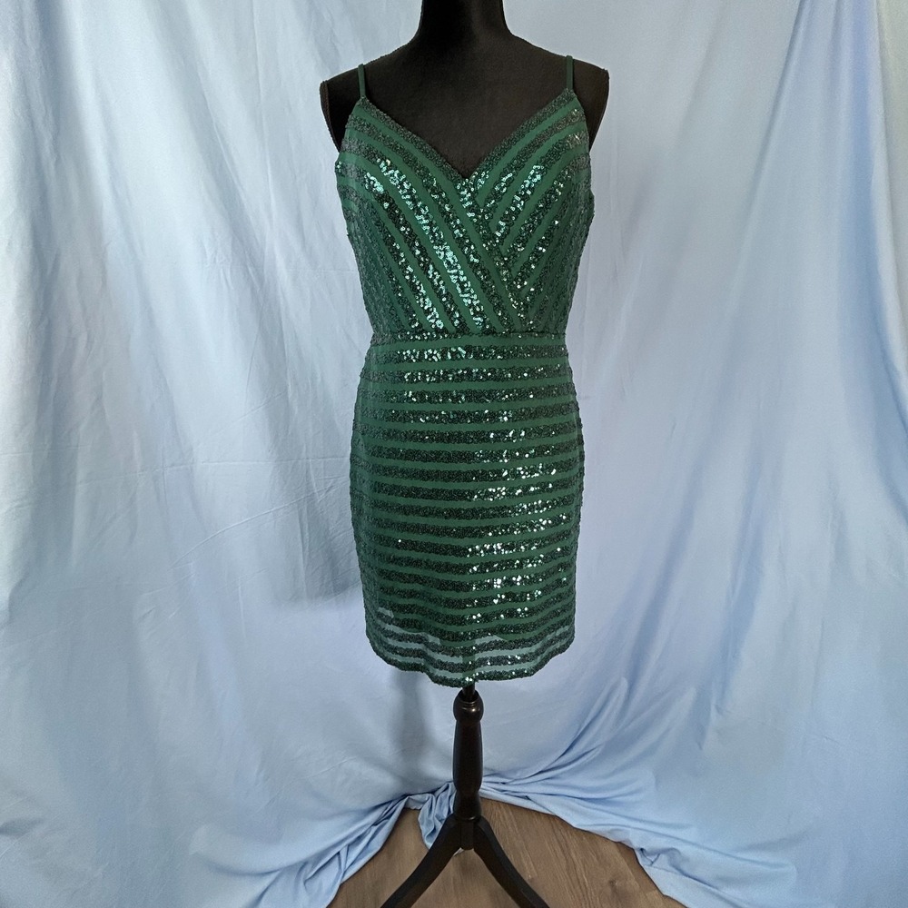Nox‎ Anabel Mini Dress Womens 12 Green Sequin Spaghetti Straps Sweetheart Neck